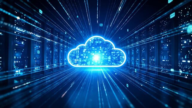 Digital cloud data storage with server racks and blue light streaks.