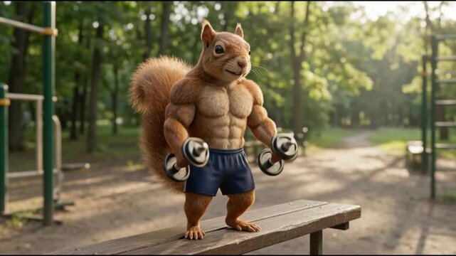 Strong Squirrel Lifts Dumbbells During Outdoor Park Workout