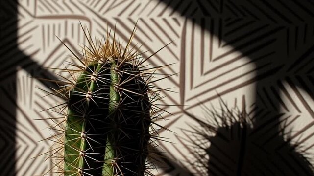 Close-up of cactus with sharp spines against geometric patterned wall