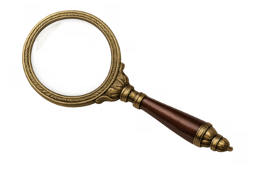 Magnifying glass with antique brass frame and wood handle, vintage tool for investigation, discovery, search, and knowledge