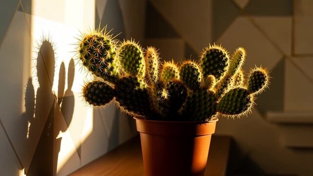Prickly yet charming cacti arrangement in terracotta pot on wooden table