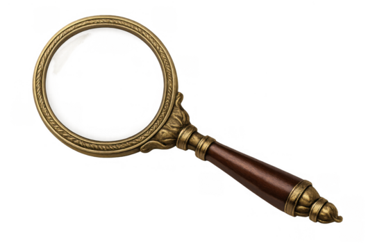 Magnifying glass with antique brass frame and wood handle, vintage tool for investigation, discovery, search, and knowledge - Powered by Adobe