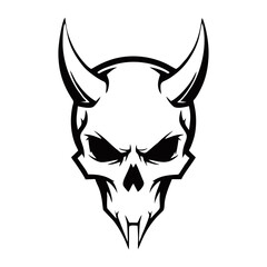 Fototapeta premium Stylized black and white horned skull graphic with an aggressive and menacing expression, featuring sharp lines and a bold outline.