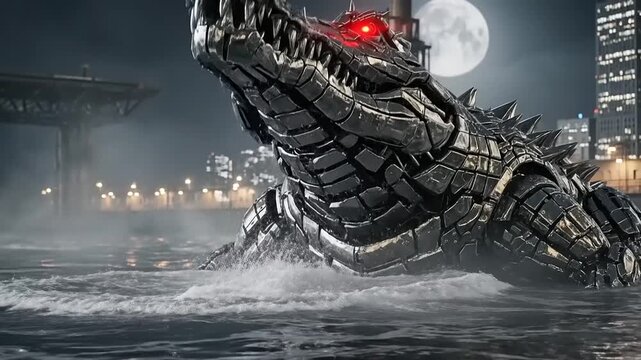 Mechanical Monster Emerges From Water Under Full Moon.