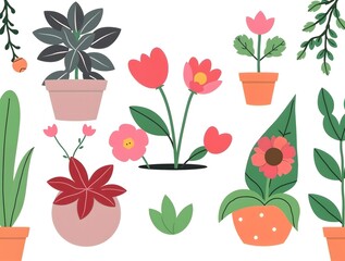 simple illustration of Stylized cute cozy Composition of cute, cartoon plants in a flat style on a white background