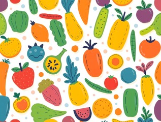 simple illustration of a vibrant and cozy stylized collection of colorful fresh spring fruits and vegetables in a whimsical doodle pattern