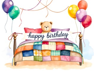 simple watercolor illustration of a stylized cozy bed decorated with vibrant balloons, colorful streamers, and a plush teddy bear