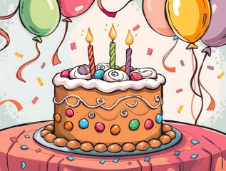 illustration of cozy stylized colorful doodle featuring a vibrant gingerbread birthday cake adorned with swirly icing and candy decorations