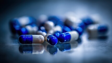 Pile of blue and white pharmaceutical capsules resting on a reflective surface with dramatic lighting