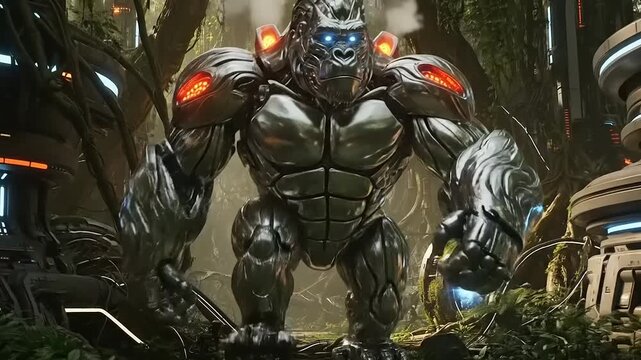 Optimus Primal a powerful robotic gorilla stands ready for battle in a dense jungle environment showcasing advanced technology and primal strength.