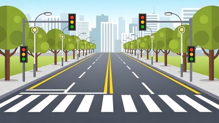 Urban cityscape featuring a pedestrian crossing with traffic lights guiding the flow of vehicles and people along a tree-lined avenue