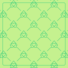 Seamless pattern on a green background with a love house icon. Line design for posters, social media, and banner templates.