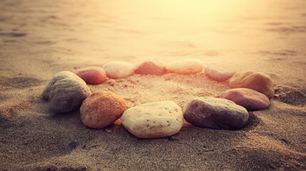 A circular arrangement of colorful stones sits nestled in warm, sandy terrain bathed in the golden light of a tranquil sunset.