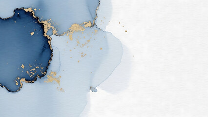 abstract blue and gold ink background with white space