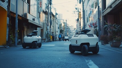 Autonomous Delivery Robots Navigating a Narrow City Street, Embracing Technological Advancement in Urban Logistics