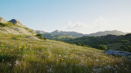 Picturesque mountain landscape with flowering meadow and blue sky offering a scenic view