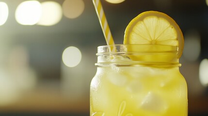 Refreshing Lemonade in a Jar with Straw and Lemon Slice Close-Up
