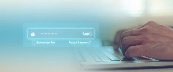 Human hand with screen login username and password for identity or sign-up register of cyber security internet access join social or personal data protection or forget pass key unlock.