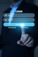 Human hand touchscreen login username and password for identity or sign-up register of cyber security internet access join social or personal data protection or forget pass key unlock.