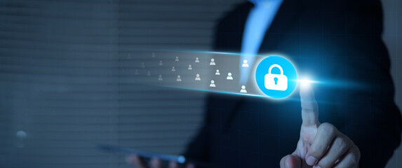 Human hand touchscreen visual key icon for allow access personal information verify or login website protection identity password computer network security protect check and privacy data identify.