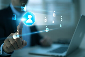 Human hand touchscreen visual key icon for allow access personal information verify or login website protection identity password computer network security protect check and privacy data identify.