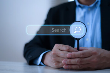 Human hand touchscreen search engine to find data document management system detect or discover and online file transfer download sharing and database service on computer network.