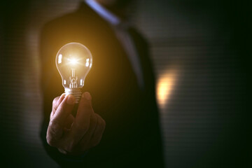 Businessman's hand is choosing light bulb for business creativity plan to goal or creative idea innovation or analyzing marketing data management and target growth or human resources.