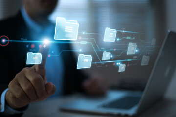 Human hand touchscreen search engine to find data document management system detect or discover and online file transfer download sharing and database service on computer network.