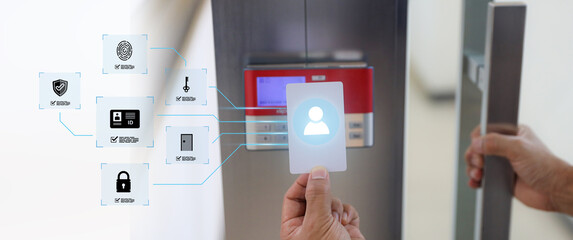 Hand with scanning proximity ID card on reader access control system icons for security door unlock with identity or verification identify icons for safety detect fingerprint scan or check attendance.