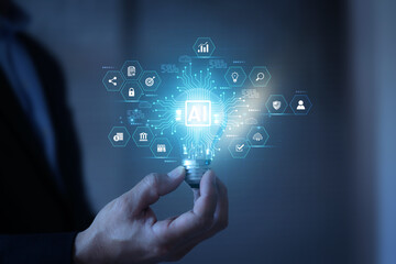 Human hand touching virtual screen interaction with AI data analysis and business growth strategy on cloud computing system with transparent screen.