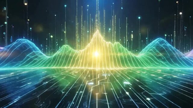 Abstract data landscape with colorful mountains and digital streams, flowing across a circuit board surface.