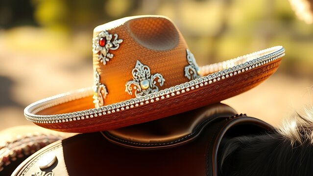 charro. An ornate Mexican charro hat resting on a leather saddle. event programs, museum guides, cultural reports, designed for cultural heritage projects and event programs, used by professors.