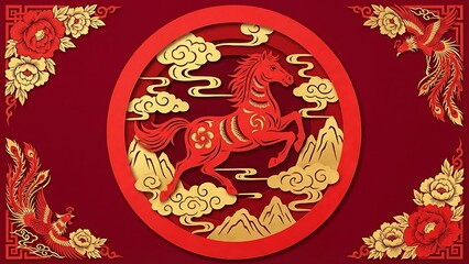Festive Chinese New Year illustration featuring a dynamic horse silhouette amidst golden clouds and floral motifs on a circular background