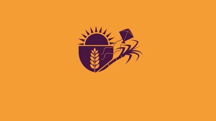 Stylized purple emblem on an orange background featuring a sun, wheat stalk, flying kite, and an insect creature. © Airwj
