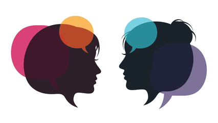 Two silhouetted human profiles facing each other with colorful overlapping speech bubbles representing communication and dialogue.