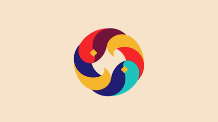 A colorful circular logo featuring four stylized birds in an interlocking, rotating pattern on a light background.