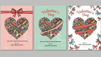Naklejka premium Three hand-drawn Valentine's Day card designs featuring hearts filled with various doodle elements and decorative ribbons on pink, green, and white backgrounds, with text placeholders.