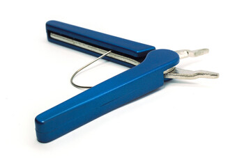 A pair of pliers with blue handles, placed on a white background.