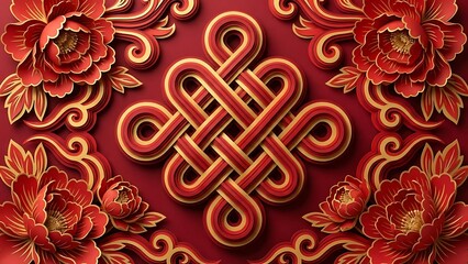 Intricate Endless Knot with Red Peonies Border - Symbol of Good Fortune and Prosperity