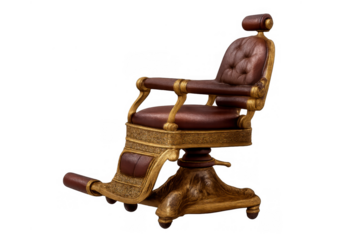 Vintage barber chair with brown tufted leather and gold details for traditional grooming services