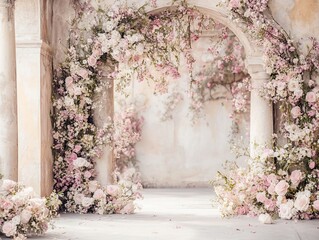 Enchanting floral archway with soft pink and white blossoms evoking romance and serenity, perfect for weddings or elegant backdrops
