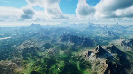 Panoramic Mountain Range Vista Under a Cloudy Sky, A Breathtaking Aerial Perspective of Natural Beauty