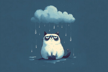 A grumpy cat sitting under a small, sad rain cloud with raindrops falling.