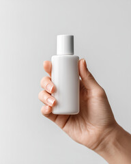 A hand holding a small, plain white plastic bottle with a white cap against a clean background, ideal for product mockups.