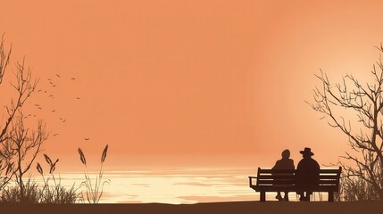 Silhouettes of an elderly couple seated on a park bench at sunset, watching the tranquil water.