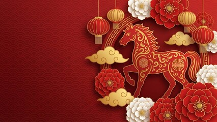 Vibrant Chinese New Year decoration featuring a golden horse, red lanterns, and floral elements on a red background
