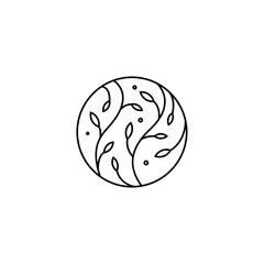 natural leaf plant logo with circle frame in line art style concept design