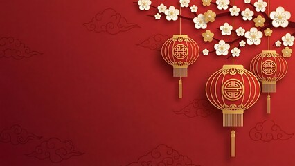 Festive Red Background with Hanging Chinese Lanterns and Cherry Blossoms