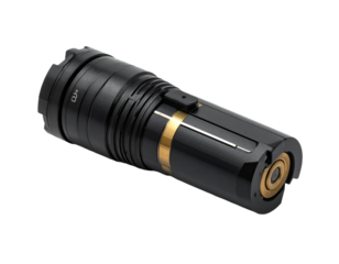 Black flashlight with gold accents isolated on transparent background