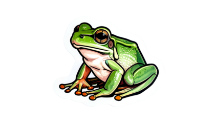 Green Frog Illustration on Black Background With White Border and Artistic Details